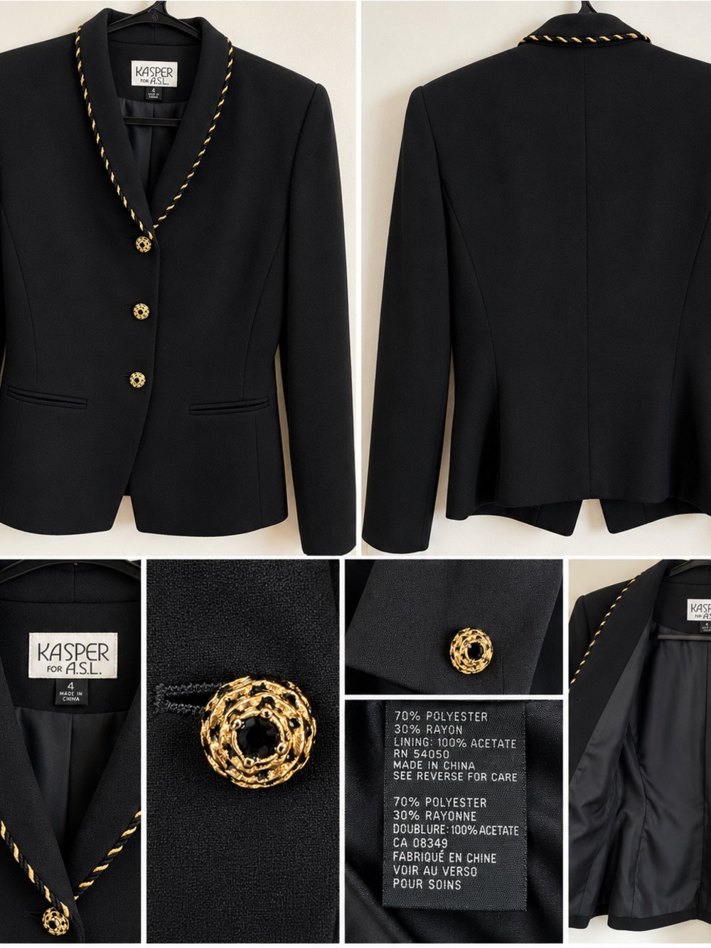 Vintage Kasper Black & Gold Blazer Size 4 Gold Trim